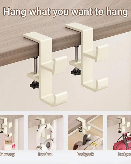 INEDRIMS 2-Pack Headphone Stand & Hook – Under Desk Headset Holder Clamp Mount for Gaming Headphones, Backpacks, Purses, Coats – Space-Saving Desk Accessories (White Dual Hook)
