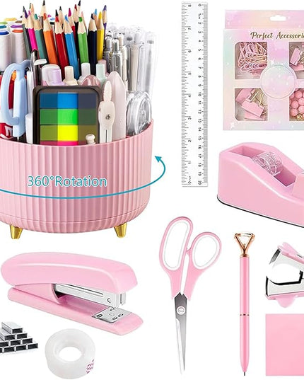 suniya Office Supplies,Desk Accessories,with Stapler,Tape Dispenser,Staple Remover,Scissor,Ballpoint Pen,Sticky Notes,Clear Tape,Staples,Desk Organizer,Ruler,Binder,Best Gift Set(Pink)