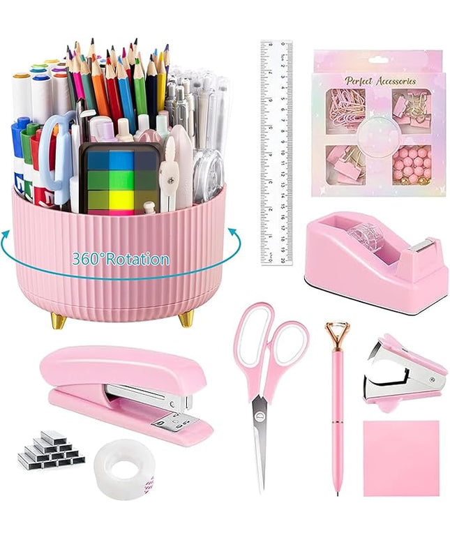 suniya Office Supplies,Desk Accessories,with Stapler,Tape Dispenser,Staple Remover,Scissor,Ballpoint Pen,Sticky Notes,Clear Tape,Staples,Desk Organizer,Ruler,Binder,Best Gift Set(Pink)