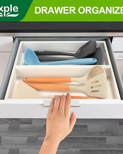 Kitchen Drawer Organizer - 2 Pack, Stackable Bamboo Drawer Organizers, Wooden Storage Box Tray for Cabinet, Pantry, Bathroom Countertop, Multi-use Organization and Storage (White)
