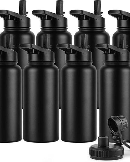 DOMICARE 32 oz Insulated Water Bottle Bulk, Vacuum Insulated Stainless Steel Sports Water Bottle with Straw Lid & Spout Lid, Leakproof, Reusable - Travel, Camping, Bike, Black (8 Pack)