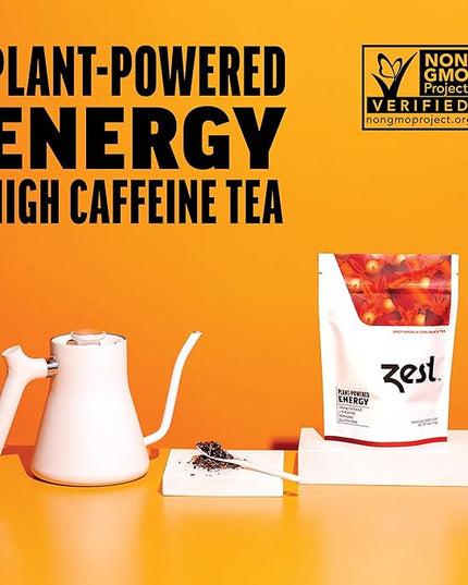 Zest Energy Black Tea - Spicy Masala Chai Loose Leaf Blend - High Caffeine Cardamom Ginger Tea with Cinnamon - Caffeinated Coffee Altnernative - Natural, Non-GMO & Keto - 50 Servings - 150mg Caf