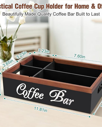 Wooden Coffee Organizer Holder with Divided Sections & Cutout Handle, Farmhouse Coffee Bar Organizer for Pods, Cups, Lids, Syrups, Stirrers & Accessories – Ideal Gift for Home or Office