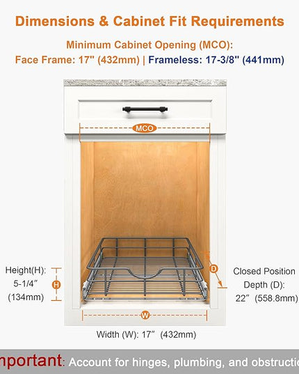 ALINE FURNITURE Pull Out Shelves - 17" W x 22" D Soft Close Pull Out Cabinet Organizer 1 Tier - Slide Out Drawers with Shelf Liner, Heavy Duty Steel Wire Baskets for Kitchen Cabinets, Pantry, Bathroom
