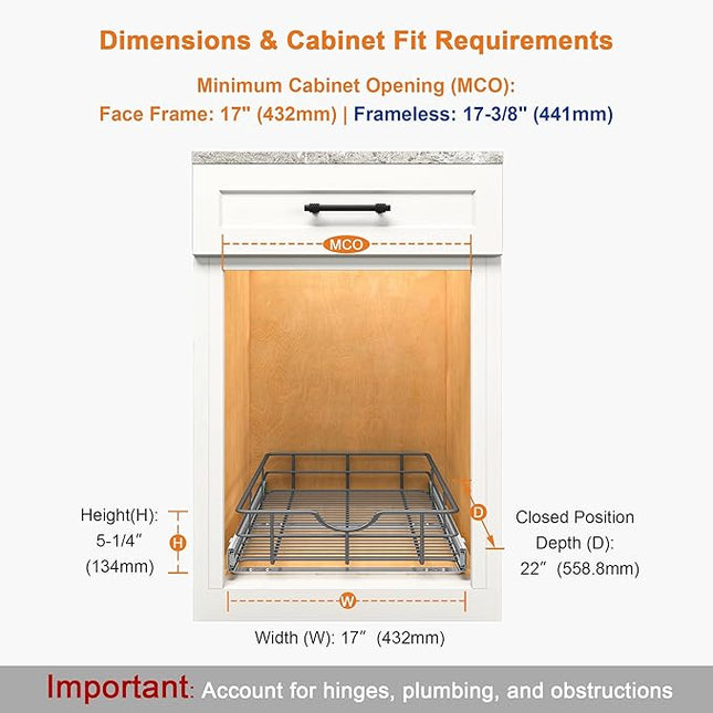 ALINE FURNITURE Pull Out Shelves - 17" W x 22" D Soft Close Pull Out Cabinet Organizer 1 Tier - Slide Out Drawers with Shelf Liner, Heavy Duty Steel Wire Baskets for Kitchen Cabinets, Pantry, Bathroom