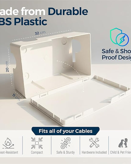 Kos Design Cable Management Box with Included Mounting Hardware – ABS Cord Organizer (12,7 x 7,8 x 4,5 in) | Heat-Tolerant Power Strip & Cable Storage | Wall-Mountable or Floor Use