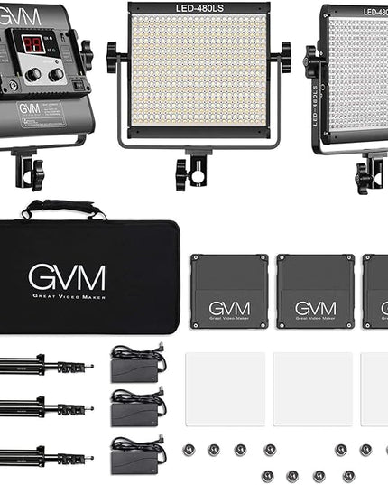 GVM 3 Pack LED Video Lighting Kits with APP Control, Bi-Color Variable 2300K~6800K with Digital Display Brightness of 10~100% for Video Photography, CRI97+ TLCI97 Led Video Light Panel +Barndoor