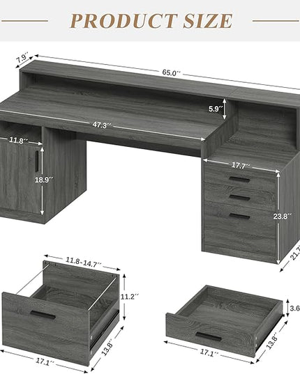 Executive Computer Desk with 3 Drawers & Storage Shelves, 65 Inch Home Office Desk with File Drawer & Cabinet, Writing Study Desks with Monitor Stand & Printer Shelf, Dark Grey