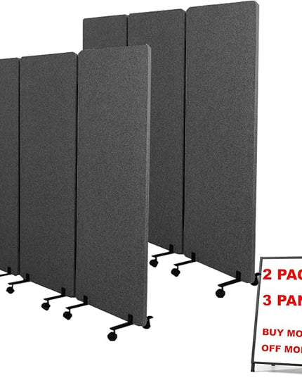 Soundproof Room Divider W/Wheels, 66in Office Dividers for Sound Proofing & Reducing, Sound Proof Dividers for Office Partitions Portable Acoustic Wall Divider (Dark Grey, 3 Panel+3 Panel)
