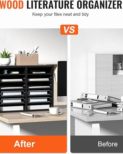 VEVOR Literature Organizers, 12 Compartments Office Mailbox with Adjustable Shelves，Wood Literature sorter 20.4x12x16.1 inches for Office, Home, Classroom, Mailrooms Organization, EPA Certified Black