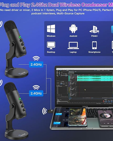 ZealSound Podcast Microphone, Podcast Equipment Bundle for iPhone PC iPad Android, Dual Wireless USB Mic 2.4GHz with Noise Reduction, Tap to Mute, Monitor Gain for Streaming, Recording, YouTube,TikTok
