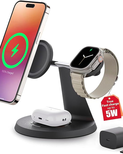 3 in 1 Wireless Charging Station for Apple Device: Fast Charging Station for iPhone and Watch with MagSafe, Stable Charger Stand for iPhone 12-16 & iWatch & AirPods