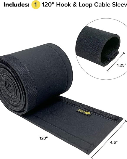 Hook and Loop Cable Sleeve by Wrap-It Storage - 120" x 4.5" Black - Cut to Size Cord Organizer and Cable Protector for Desk, TV Cord Management to Hide and Cover Wire and Extension Cords