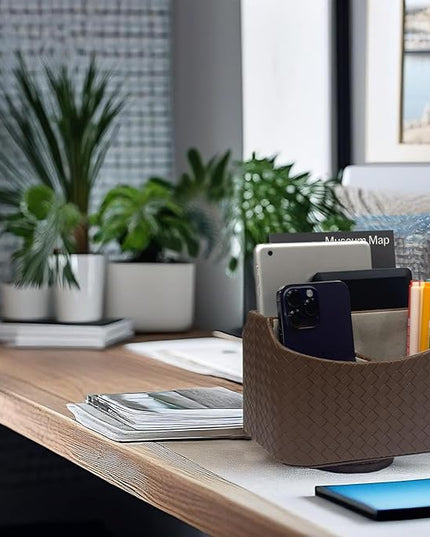 UnionBasic Rotating Desk Organizer, 360 Degree Desk Spinning Caddy, Desktop TV Guide/Mail/Media/Remote Controller Holder Organizer, Woven Coffee