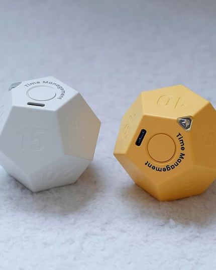 Mini 12 Sided Cube Timer, 11 Preset Times Pomodoro Timer for Enhanced Productivity. Ideal for ADHD Management, Workout, Study & Kitchen Cooking. Easy to Use (Yellow)