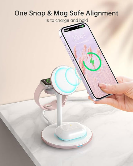 XooFly 3 in 1 Wireless Charging Station for Apple Devices, Fast Wireless Mag-Safe Charger Stand with 20W Adapter for iPhone 17/16 15 14 13 12 Pro Max/Pro/Plus/Air/Mini, iWatch, AirPods (Pink)