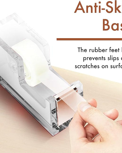 OfficeGoods Acrylic Tape Dispenser – Modern Desk Organizer for Office Supplies – Heavy Duty Refillable Tape Holder for Home and School Crafting – Stylish Desktop Accessory for Gift Wrapping, Rose Gold