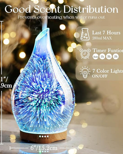 Porseme Essential Oil Diffuser 280ml Aromatherapy Ultrasonic Oil Diffusers 3D Glass Cool Mist Humidifier, Air Refresh Auto Shut-Off, Timer Setting, BPA Free for Home Hotel Yoga Leisure SPA Gift