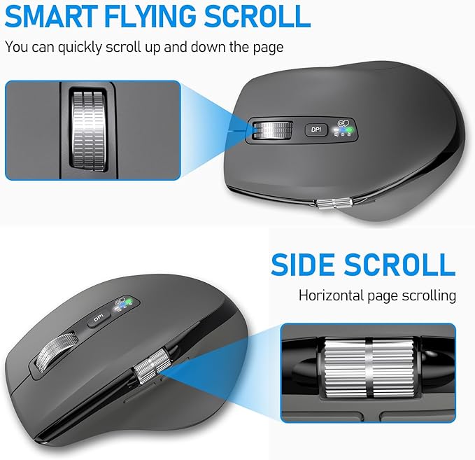 INFINMIND Wireless Side Scroll Mouse with Multi-Device, Ergonomic Computer Mice with Smart Flying Scroll, Quiet Click for Computer, Laptop, iPad, Tablet, MacBook (Grey)