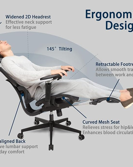 Big and Tall Ergonomic Office Chair with Footrest, 5D Adjustable Armrests, Lumbar Support, Mesh Reclining Swivel Chair for Home Office or Gaming, Adjustable Seat Depth, S3 Elite Pro Black