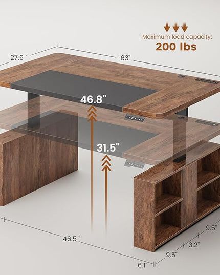 SEDETA 63" Executive Standing Desk with Storage, Executive Height Adjustable Desk with Power Outlets, Large Computer Office Desk with Privacy Panel for Home Office, Warm Golden Brown