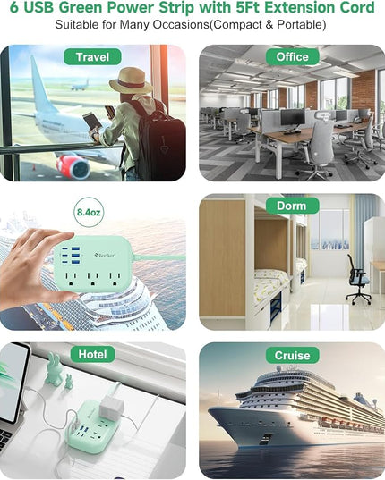 6 USB(3 USB C) Green Travel Power Strip- 5Ft Green Extension Cord with 6 USB Charging Station 24W and 3 Outlets, Cute Desk Accessories for Cruise Travel Kawaii Home Office Dorm Room