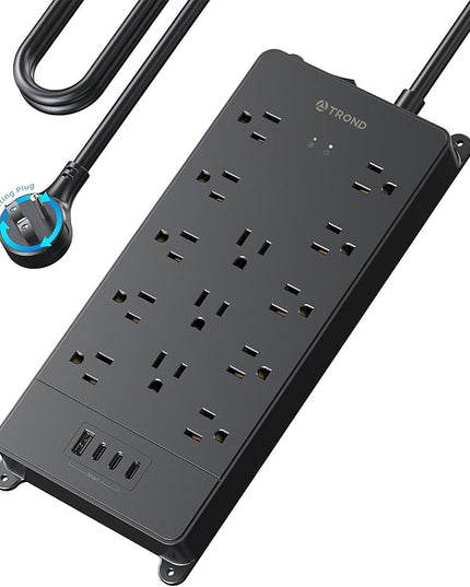 TROND 360° Rotating Flat Plug, Surge Protector Power Strip, 13AC Widely Spaced Outlets Expansion with 3 USB C Ports, 4000J, 10ft Extension Cord Heavy Duty, Wall Mount, Under Desk, ETL Listed, Black