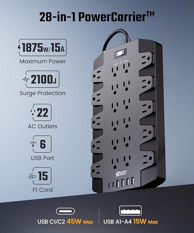 SUPERDANNY Power Strip Surge Protector with 15ft Extension Cord - 22 Outlets, 6 USB Ports, 45W Fast Charging - 1875W/15A, 2100J, 45°Plug, Mountable - Ideal for Home, Office, Gaming, PC, Streaming