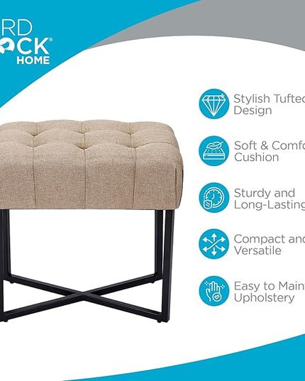 BIRDROCK HOME Rectangular Tufted Foot Stool Ottoman with Soft Padded Cushion - Versatile Vanity Chair for Bedroom, Living Room, Bathroom - Compact Seating for Adults - Beige with Black Metal Legs