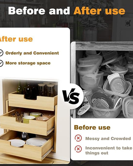 Gsskny Pull Out Cabinet Organizer, 14''W×21''D Sliding Drawers for Cabinets, 3 Tier Soft Close Slide Out Wooden Pull out Drawers, Base Cabinet Organization for Kitchen, Pantry, Bathroom
