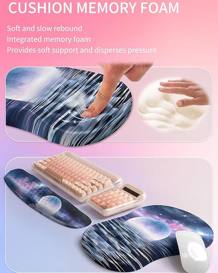 Hokafenle 2in1 Combination, Wave Keyboard Wrist Rest and Ergonomic Curvature Mouse Pad Wrist Support for Relieve Wrist Pain, Filled with Soft Cushion Memory Foam, Moonlit Starry Sea
