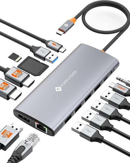 NOVOO USB C Docking Station Dual Monitor for Laptop, 14 in 1 USB C Hub Adapter Thunderbolt 3 to Dual 4K60 HDMI+8K30 DP USB C/A Data 100W PD RJ45 SD/TF Audio