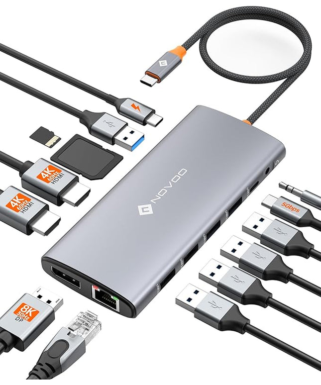 NOVOO USB C Docking Station Dual Monitor for Laptop, 14 in 1 USB C Hub Adapter Thunderbolt 3 to Dual 4K60 HDMI+8K30 DP USB C/A Data 100W PD RJ45 SD/TF Audio