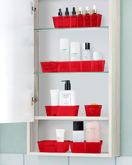 WOWBOX 25 PCS Plastic Drawer Organizer Set, 4 Sizes Desk Drawer Divider Organizers and Storage Bins for Makeup, Jewelry, Gadgets for Kitchen, Bedroom, Bathroom, Office, Clear Red
