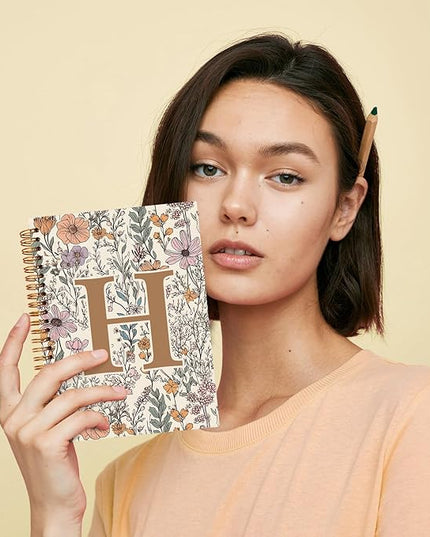 JXREQ Vintage Boho Floral Personalized Notebook, Initial Letter H Notebook Journal, Monogram Notebook, Monogrammed Gifts for Women, Boho Office Supplies, Flower Spiral Notebook 5.5x8.3