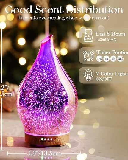 Porseme Essential Oil Diffuser 3D Firework Glass Aromatherapy Ultrasonic Humidifier Rose Gold, Auto Shut-Off, Timer Setting, BPA Free, Aroma Decoration for Home, Office, Gym, Spa, Premium Gift 150ml
