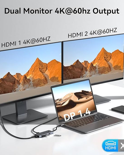 HODO Docking Station to Dual HDMI Monitors Adapter USB C to Dual HDMI Adapter 4K 60 Hz for Laptops Docking Station Dual Monitor with PD 3 USB Port Button Compatible for HP Elitebook Dell XPS 13 15 etc