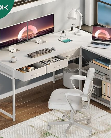 AODK 53 Inch L Shaped Computer Desk with Drawers, Corner Desk with Power Outlets & Reversible Storage Shelves, for Home Office Gaming, White