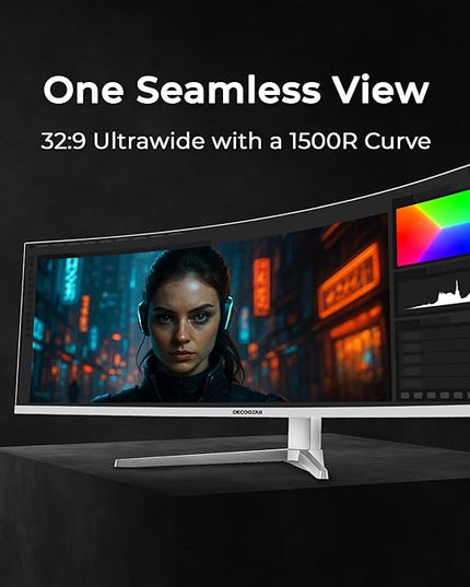 Deco Gear 49" Curved Ultrawide 5K Gaming Monitor, 32:9, 120 Hz, 101% NTSC 100% sRGB, USB-C 65W, Adjustable, Home Office and Entertainment Workstation - Exclusive White Edition