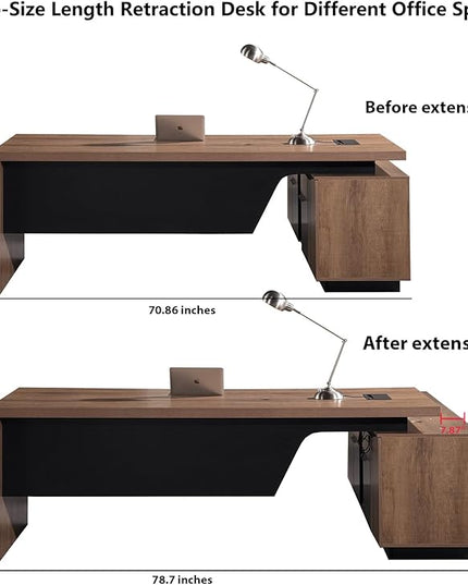 Retractable L-Shaped Executive Desk, Modern Office Desk with Drawers and Lateral File Cabinet, Large Computer Desk with Storage Shelves, Workstation for Home Office (Left Return, 70.86 - 78.7 IN)