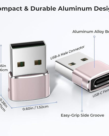 Basesailor USB to USB C Adapter,USBC Female to USB A Male Adapter,Type C Converter Charger for iPhone 17 Pro Max,16 15,Apple Watch iWatch S11 S10 SE,AirPods 3,iPad mini Air,Samsung Galaxy S25,Pink