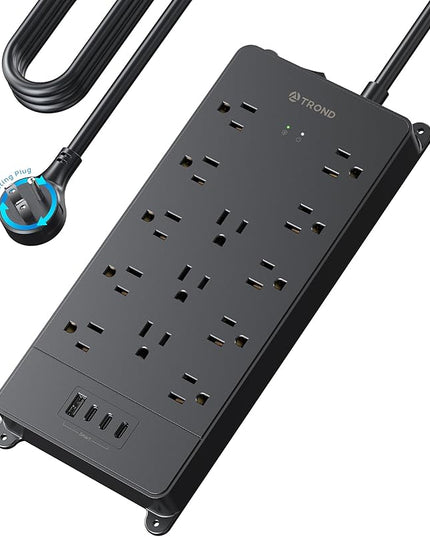 TROND 360° Rotating Flat Plug, Surge Protector Power Strip, 13AC Widely Spaced Outlets Expansion with 3 USB C Ports, 4000J, 15ft Extension Cord Heavy Duty, Wall Mount, Under Desk, ETL Listed, Black