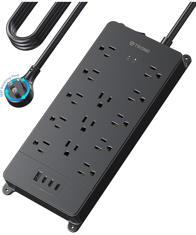 TROND 360° Rotating Flat Plug, Surge Protector Power Strip, 13AC Widely Spaced Outlets Expansion with 3 USB C Ports, 4000J, 15ft Extension Cord Heavy Duty, Wall Mount, Under Desk, ETL Listed, Black