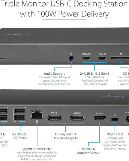 StarTech.com USB C Dock - Triple 4K Monitor USB Type-C Docking Station - 100W Power Delivery - DP 1.4 Alt Mode & DSC, 2X DisplayPort 1.4/HDMI 2.0-6xUSB (2X 10Gbps), SD - Windows/Chrome (DK31C2DHSPD)