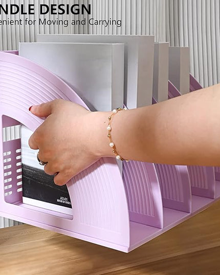 SAYEEC Sturdy Magazine Holder 4 Compartments Plastic Desktop File Organizer File Dividers Office Organizer Storage Document Magaizne Rack Display Box (Purple)