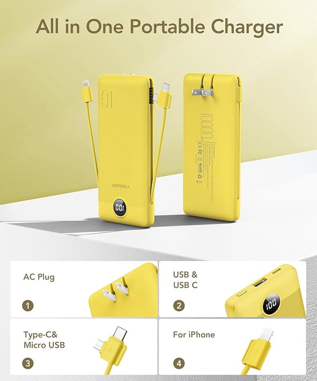 VEGER Portable Charger with Built-in AC Plug and Cables, All in One 10000mAh Ultra Slim Power Bank Travel Essentials, 15W Fast Charging Battery Pack Compatible with iPhone, Samsung, Android (Yellow)