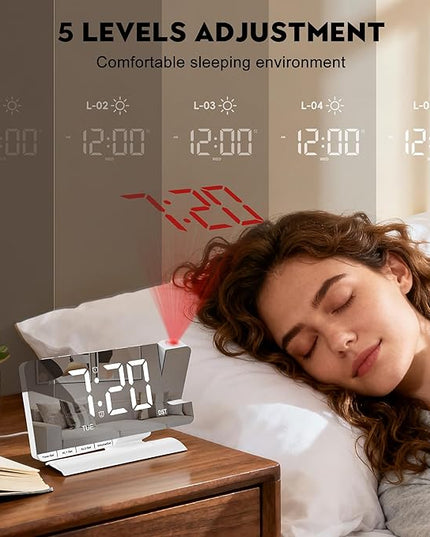 SZELAM Digital Clock,Alarm Clock Bedside with Projection,7.3" Mirror Clock with 180°Rotating Projector,Dual Alarm with 3 Mode,Brightnee Adjust,DST,Snooze,Charging Port,5 Levels Volume for Desk Teens
