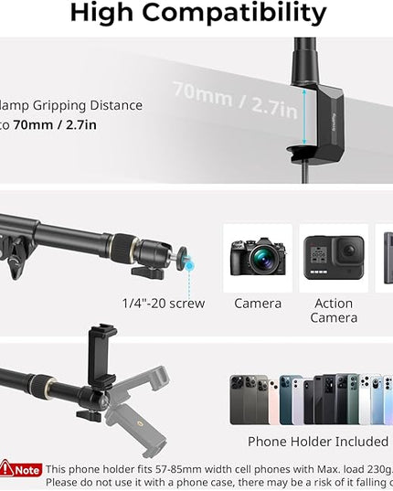 SMALLRIG Triangle Camera Desk Mount, Max. Load 3kg/ 6.6lbs, Overhead Mount with Auxiliary Support Rod, with Phone Holder and Small Ball Head for Camera/Phone/Light/Webcam