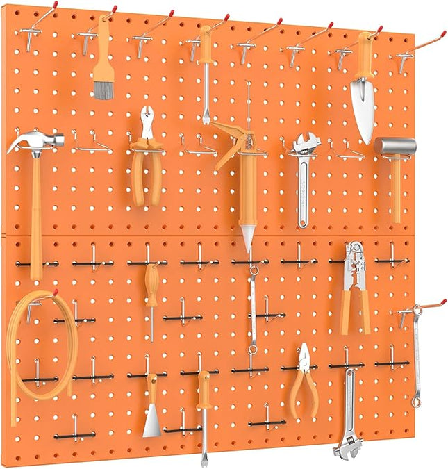 TORACK Metal Pegboard Wall Organizer 24" x 24" or 12" x 48", 70 PCS Tools Storage Pegboard for Garage, Modular Pegboard, Tool Organizer Board with Peg Board Hooks(Orange)