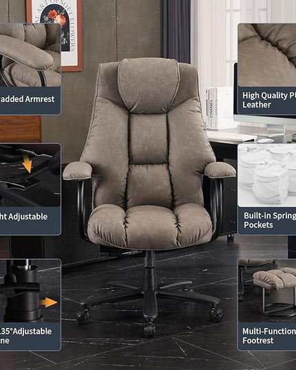 Office Chair Big and Tall, High Back Ergonomic Office Chair with Padded Armrest, 400 lbs,PU Leather (Grey)